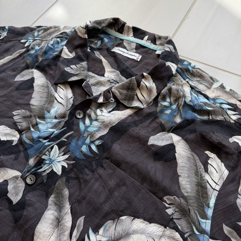 Tommy‎ Bahama 100% Silk Mens Black Blue Hawaiian Camp Floral Shirt Tropical 2XL
